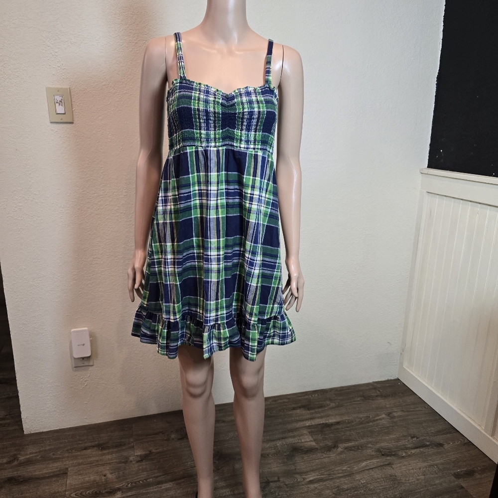 Aerie Plaid Smocked Sundress in Navy and Green Size Large